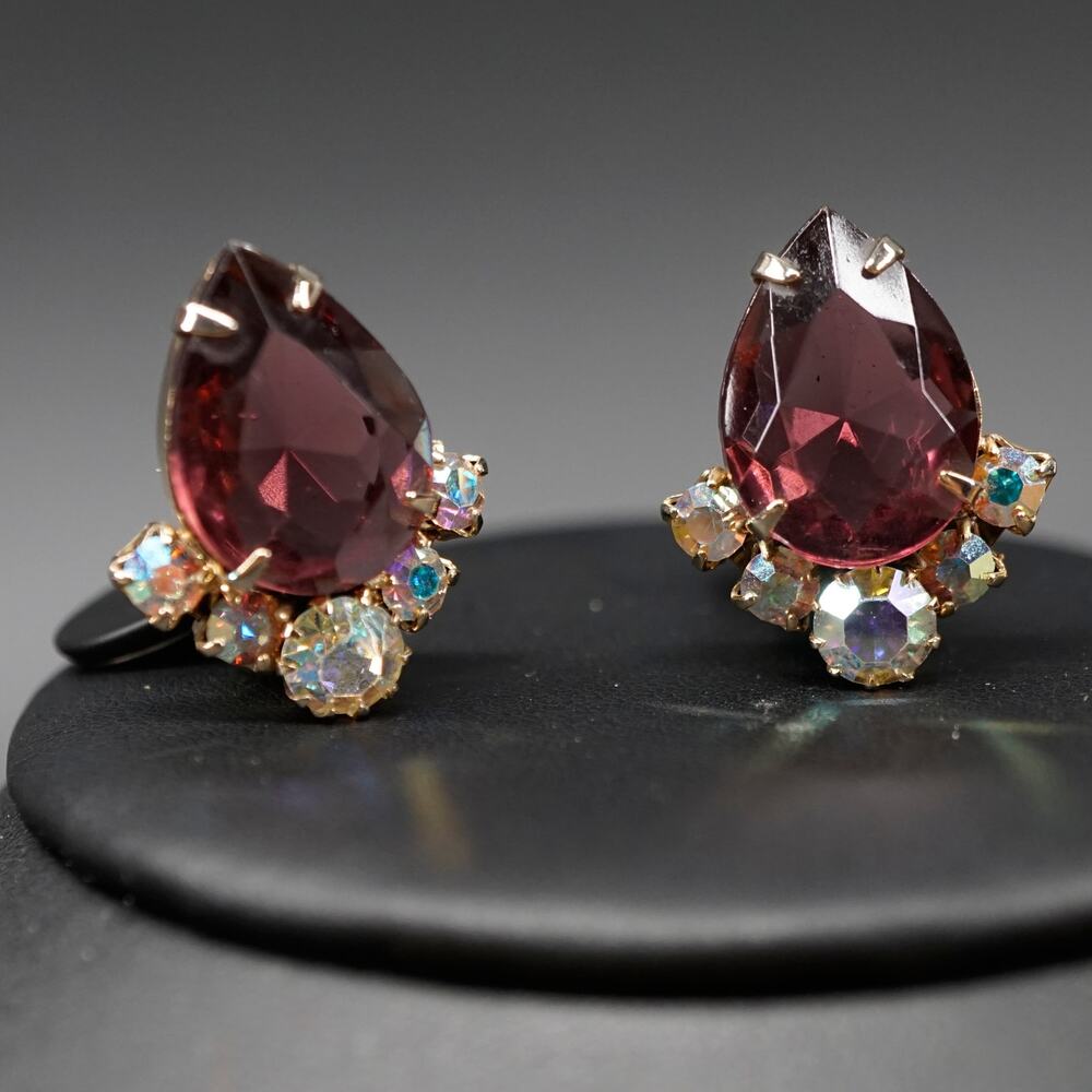 Vintage Teardrop AB Crystal Clip On Earrings 1 in Purple Pear Cut Bridgeton Glam